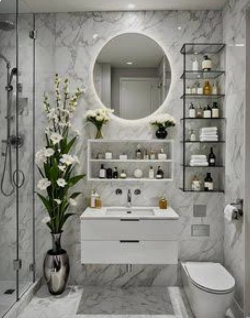 Gri banyo dolabı ve yuvarlak ayna